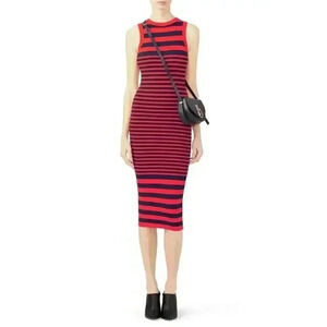 MILLY Stripe Ottoman Fitted Dress In Navy Size Medium Midi Bodycon